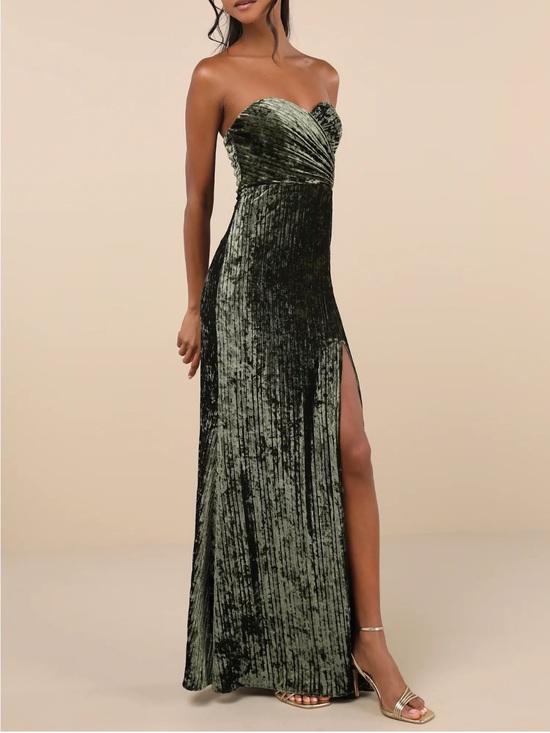 Lulus Dresses & Skirts - Lulu's Olive Green Strapless Velvet Evening Gown with Side Slit